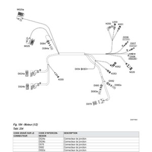 May include: Diagram of an electrical system with labeled components, including connectors and sensors. The diagram includes text in French and a table detailing connector codes and descriptions. The image is a technical illustration.