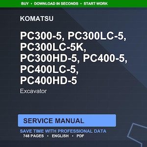 Może przedstawiać: Ciemnoniebieska grafika z białym tekstem. Tekst zawiera "KOMATSU" i numery modeli koparek: PC300-5, PC300LC-5, PC300LC-5K, PC300HD-5, PC400-5, PC400LC-5 i PC400HD-5. Obecne są r&oacute;wnież słowa "Excavator" i "SERVICE MANUAL".