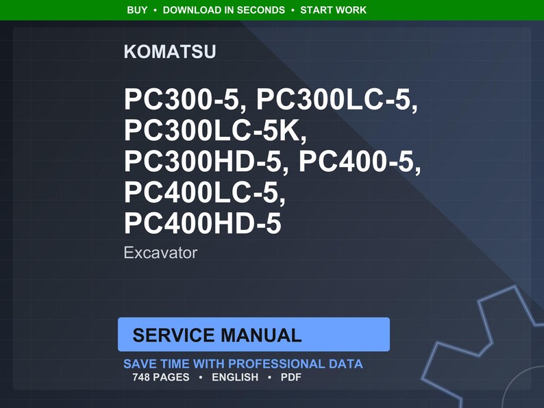 Może przedstawiać: Ciemnoniebieska grafika z białym tekstem. Tekst zawiera "KOMATSU" i numery modeli koparek: PC300-5, PC300LC-5, PC300LC-5K, PC300HD-5, PC400-5, PC400LC-5 i PC400HD-5. Obecne są r&oacute;wnież słowa "Excavator" i "SERVICE MANUAL".