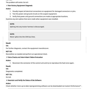Op de afbeelding: Een wit document met zwarte tekst met details over de diagnose en probleemoplossing van apparatuur. Het document bevat secties over diagnose van niet-fabrieksapparatuur, evaluatie van intermitterende storingen en verificatie van de softwarestatus. De tekst bevat ook waarschuwingen en instructies.