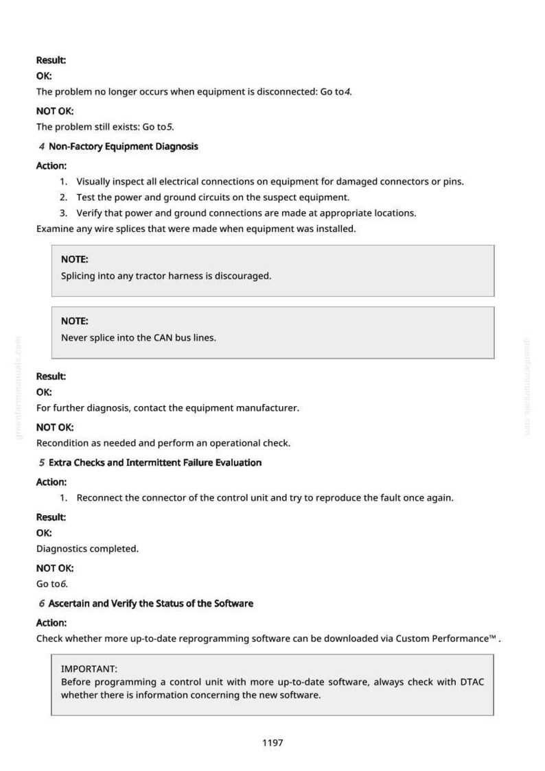 Op de afbeelding: Een wit document met zwarte tekst met details over de diagnose en probleemoplossing van apparatuur. Het document bevat secties over diagnose van niet-fabrieksapparatuur, evaluatie van intermitterende storingen en verificatie van de softwarestatus. De tekst bevat ook waarschuwingen en instructies.