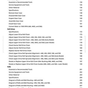 May include: A page from a manual with a list of instructions and specifications for agricultural equipment repair. The text includes procedures for gear case repair, roll drives, and other maintenance tasks.