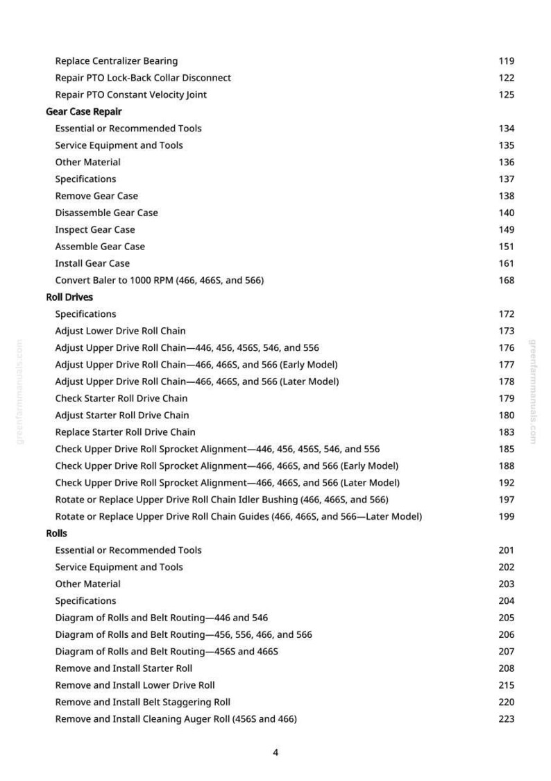May include: A page from a manual with a list of instructions and specifications for agricultural equipment repair. The text includes procedures for gear case repair, roll drives, and other maintenance tasks.