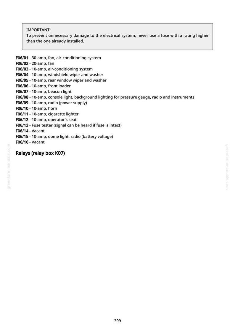 Pode incluir: Uma p&aacute;gina branca com uma lista de fun&ccedil;&otilde;es de fus&iacute;veis automotivos, incluindo ventilador, luzes e r&aacute;dio. O texto inclui classifica&ccedil;&otilde;es de amperagem e avisos. Documento de greenfarmimanuals.com.
