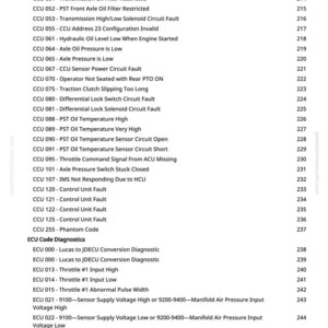 May include: A page from a manual with a list of diagnostic codes, including CCU and ECU codes, with descriptions like "Hydraulic Oil Filter Restricted" and "Throttle #1 Input High". The page number is 5.