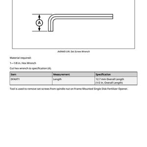 May include: Diagram of a set screw wrench, labeled DFAXT1. The image includes a measurement of 12.7 mm overall length, equivalent to 1/2 inch. The text indicates the tool is used to remove set screws.