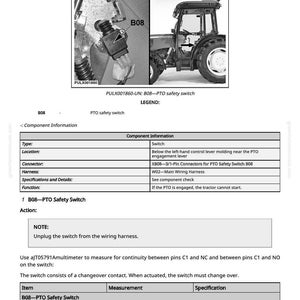 Pu&ograve; includere: Schema dell'interruttore di sicurezza B08-PTO, con un primo piano dell'interruttore e di un trattore. Il testo fornisce informazioni sui componenti, specifiche e istruzioni. Vengono fornite misurazioni per i test di continuit&agrave;.