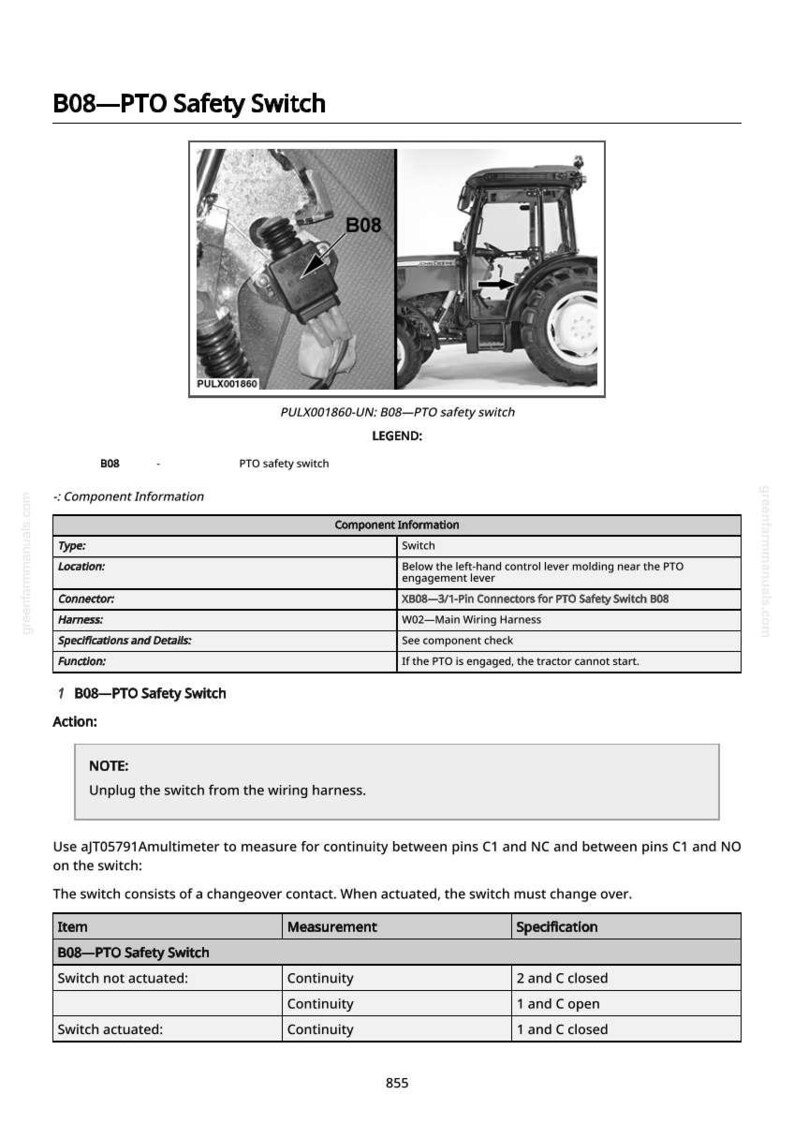 Pu&ograve; includere: Schema dell'interruttore di sicurezza B08-PTO, con un primo piano dell'interruttore e di un trattore. Il testo fornisce informazioni sui componenti, specifiche e istruzioni. Vengono fornite misurazioni per i test di continuit&agrave;.