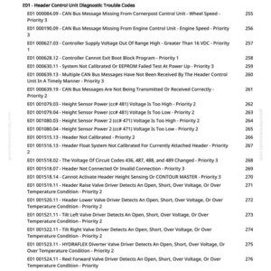May include: A detailed list of diagnostic trouble codes for a header control unit, including CAN bus messages, voltage issues, and sensor problems. The text is in black font on a white background.