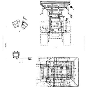 K&ouml;nnte beinhalten: Schwarz-Wei&szlig;-Technische Zeichnung einer Maschine mit detaillierten Schemata und Komponentenlayouts. Das Bild enth&auml;lt verschiedene Ansichten und Querschnitte, die mit Buchstaben und Zahlen beschriftet sind. In der unteren rechten Ecke steht der Text "10-55 (1)".