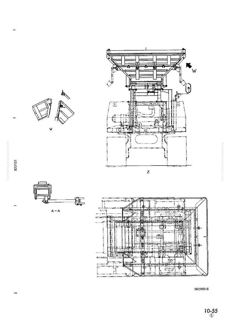 K&ouml;nnte beinhalten: Schwarz-Wei&szlig;-Technische Zeichnung einer Maschine mit detaillierten Schemata und Komponentenlayouts. Das Bild enth&auml;lt verschiedene Ansichten und Querschnitte, die mit Buchstaben und Zahlen beschriftet sind. In der unteren rechten Ecke steht der Text "10-55 (1)".