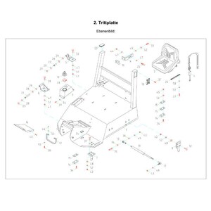 May include: An exploded diagram of a machine's footplate assembly, labeled "2. Trittplatte". The image is a technical drawing with numerous parts, including a seat, fuel tank, and various brackets and fasteners. The diagram is in black and white.
