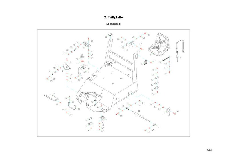 May include: An exploded diagram of a machine's footplate assembly, labeled "2. Trittplatte". The image is a technical drawing with numerous parts, including a seat, fuel tank, and various brackets and fasteners. The diagram is in black and white.