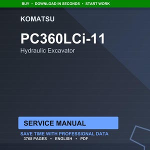 Op de afbeelding: Een digitaal document met de Komatsu PC360LCi-11 hydraulische graafmachine. De titel staat in grote witte letters, met het Komatsu-logo bovenaan. Het document is gelabeld als een servicehandleiding, met de tekst "Bespaar tijd met professionele gegevens".