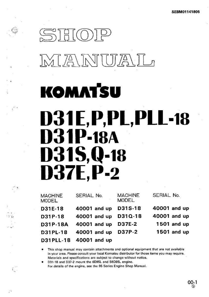 May include: A white shop manual with black text. The title reads "SHOP MANUAL" above the brand name "KOMATSU". Model numbers D31E, D31P, D31S, and D37E are listed with serial numbers. The manual includes a disclaimer.