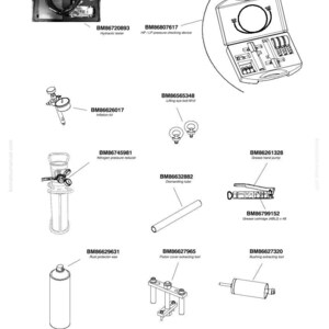May include: An illustration of various tools and equipment, including a hydraulic tester, grease hand pump, and nitrogen pressure reducer. The image also features a rust protector wax can and a dismantling tube. The text "KOMATSU" and "2021 - rev 02" are visible.