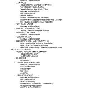 May include: A detailed list of mechanical components and procedures, including hydraulic fluid tank, steering unit, main valve, and hydrostatic system information. The text is in a clear, readable font.