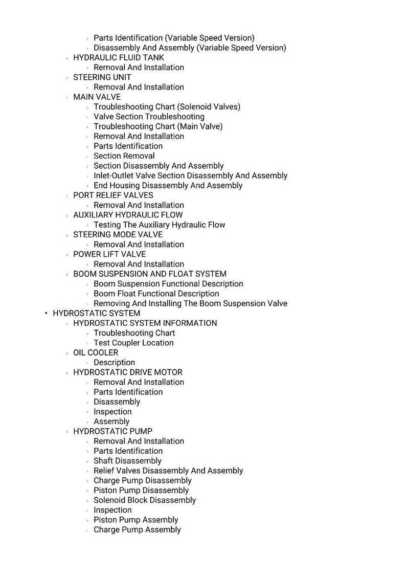 May include: A detailed list of mechanical components and procedures, including hydraulic fluid tank, steering unit, main valve, and hydrostatic system information. The text is in a clear, readable font.