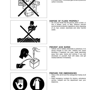 Puede incluir: Una p&aacute;gina blanca con instrucciones de seguridad, que incluye ilustraciones y texto. Las instrucciones cubren la ventilaci&oacute;n de las &aacute;reas de trabajo, la eliminaci&oacute;n adecuada de fluidos, la prevenci&oacute;n de quemaduras por &aacute;cido y la preparaci&oacute;n para emergencias.
