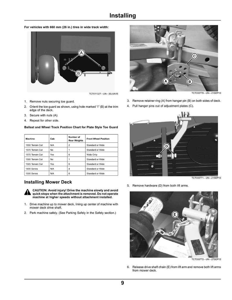 May include: Diagram of mower deck installation steps. Includes images with labels A, B, C, D, and E, and instructions for removing and securing parts. Text includes safety warnings and a ballast and wheel track position chart.