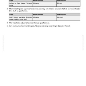 May include: A white page with text and tables detailing mechanical specifications. The text includes instructions for inspecting and repairing parts, with measurements in millimeters. The tables list items like "Pulley on Reel Upper Variable Drive" and "Reel Upper Variable Shaft-to-Lower Header Drive Shaft."