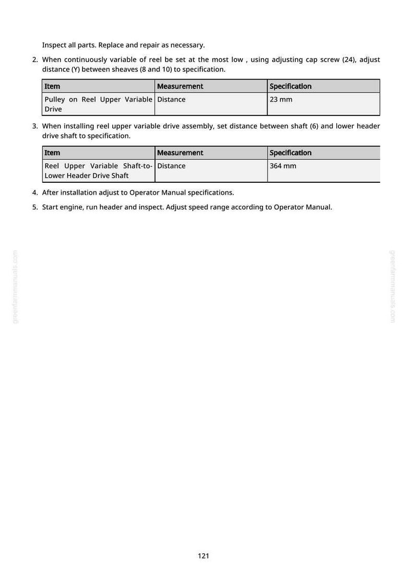 May include: A white page with text and tables detailing mechanical specifications. The text includes instructions for inspecting and repairing parts, with measurements in millimeters. The tables list items like "Pulley on Reel Upper Variable Drive" and "Reel Upper Variable Shaft-to-Lower Header Drive Shaft."