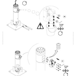 May include: Diagram of hydraulic components with measurements in inches. Includes a cylindrical component with various fittings, a warning symbol, and a bucket. The diagram also shows a small trash can and the text "KOMATSU 2021 - rev 02".