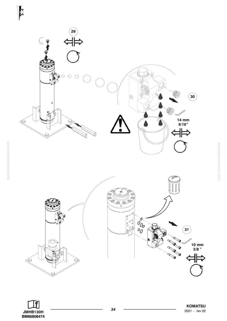 May include: Diagram of hydraulic components with measurements in inches. Includes a cylindrical component with various fittings, a warning symbol, and a bucket. The diagram also shows a small trash can and the text "KOMATSU 2021 - rev 02".