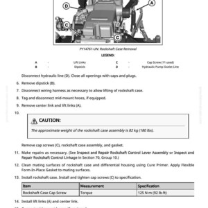 May include: Diagram of a rockshaft case removal procedure, with labels A, B, C, and D pointing to different components. The text includes a caution about the 180 lbs (82 kg) weight of the assembly and torque specifications.
