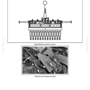 May include: Diagram of an XX14 control box connector to seed row unit harness. The image includes a detailed diagram and a close-up photo of the connector's location. Text includes "BM014994-UN: General Location" and "CQ292787-UN: Detailed Location."