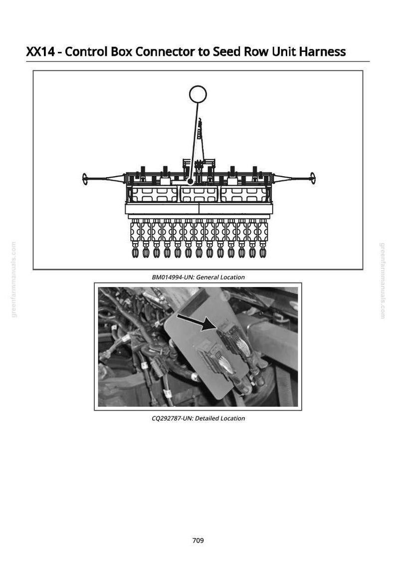 May include: Diagram of an XX14 control box connector to seed row unit harness. The image includes a detailed diagram and a close-up photo of the connector's location. Text includes "BM014994-UN: General Location" and "CQ292787-UN: Detailed Location."