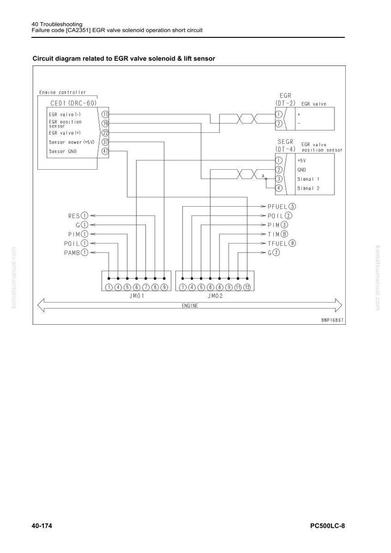 May include: Diagram of an EGR valve solenoid and lift sensor circuit. The diagram includes labels for engine controller, EGR valve, and sensor components, with lines indicating electrical connections. Text includes "Failure code [CA2351]" and "Circuit diagram".