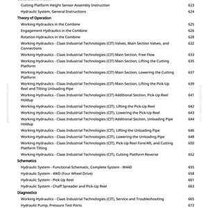 Op de afbeelding: Een gedetailleerde inhoudsopgave uit een handleiding, met onderwerpen over besturing, remmen en hydrauliek. Bevat secties over maaidorserhydrauliek, schema's en diagnostiek. Pagina 13 is zichtbaar.