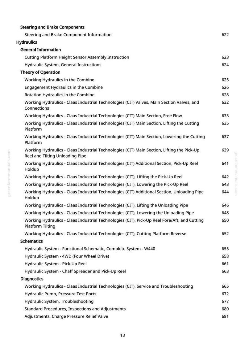 Op de afbeelding: Een gedetailleerde inhoudsopgave uit een handleiding, met onderwerpen over besturing, remmen en hydrauliek. Bevat secties over maaidorserhydrauliek, schema's en diagnostiek. Pagina 13 is zichtbaar.