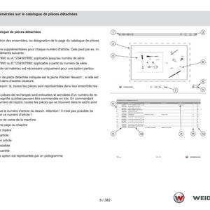Może przedstawiać: Biało-szary dokument techniczny zatytułowany "Informations g&eacute;n&eacute;rales sur le catalogue de pi&egrave;ces d&eacute;tach&eacute;es". Zawiera schemat z ponumerowanymi częściami i listę części. Logo Weidemann znajduje się na dole.