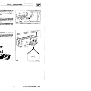 Op de afbeelding: Een zwart-wit diagram uit een handleiding met veiligheidsvoorschriften en EHBO-instructies. Het diagram bevat illustraties van machines en een EHBO-kit. Tekst bevat "SAFETY PRECAUTIONS" en "FIRST AID".