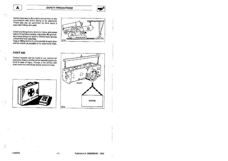 Op de afbeelding: Een zwart-wit diagram uit een handleiding met veiligheidsvoorschriften en EHBO-instructies. Het diagram bevat illustraties van machines en een EHBO-kit. Tekst bevat "SAFETY PRECAUTIONS" en "FIRST AID".