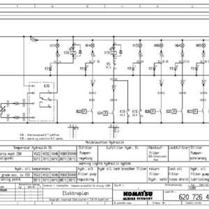 Puede incluir: Diagrama esquem&aacute;tico t&eacute;cnico para una m&aacute;quina Komatsu, con s&iacute;mbolos de circuitos el&eacute;ctricos, etiquetas de texto y especificaciones de temperatura. El diagrama incluye varios componentes y detalles de cableado, con un enfoque en sistemas hidr&aacute;ulicos y el&eacute;ctricos.