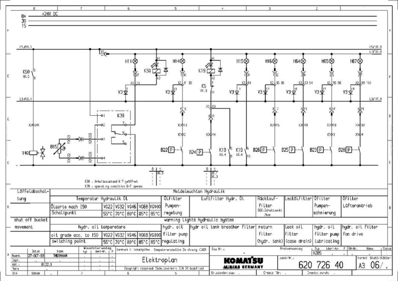 Puede incluir: Diagrama esquem&aacute;tico t&eacute;cnico para una m&aacute;quina Komatsu, con s&iacute;mbolos de circuitos el&eacute;ctricos, etiquetas de texto y especificaciones de temperatura. El diagrama incluye varios componentes y detalles de cableado, con un enfoque en sistemas hidr&aacute;ulicos y el&eacute;ctricos.