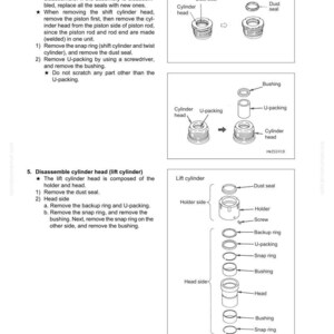 May include: Diagram of lift and tilt cylinder disassembly. Includes illustrations of cylinder heads, dust seals, U-packing, bushings, and other components. Text instructions accompany the diagrams.