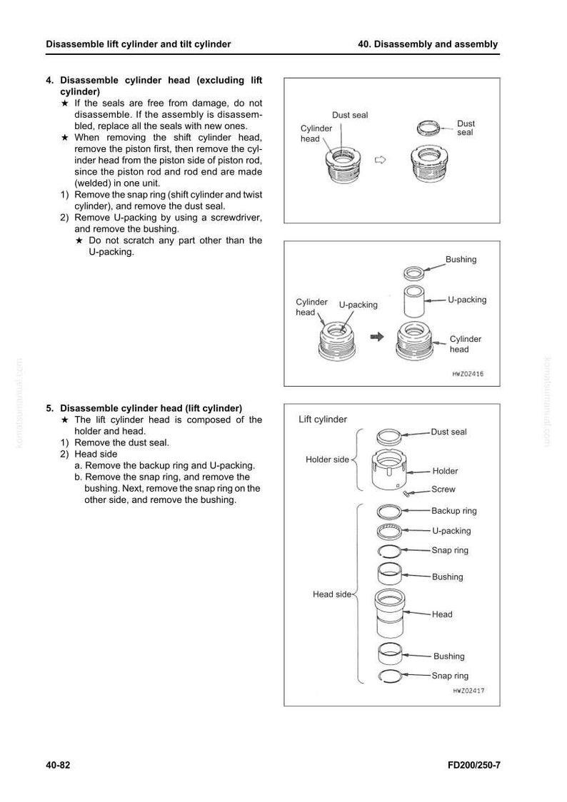 May include: Diagram of lift and tilt cylinder disassembly. Includes illustrations of cylinder heads, dust seals, U-packing, bushings, and other components. Text instructions accompany the diagrams.