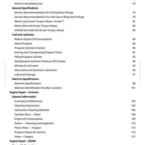 May include: A page from a manual with a white background and black text. The table of contents includes sections on engine repair, fuel, and lubricants. Page numbers are listed on the right side. The text includes "Air Cleaner Assembly - Remove and Install - FX730V."