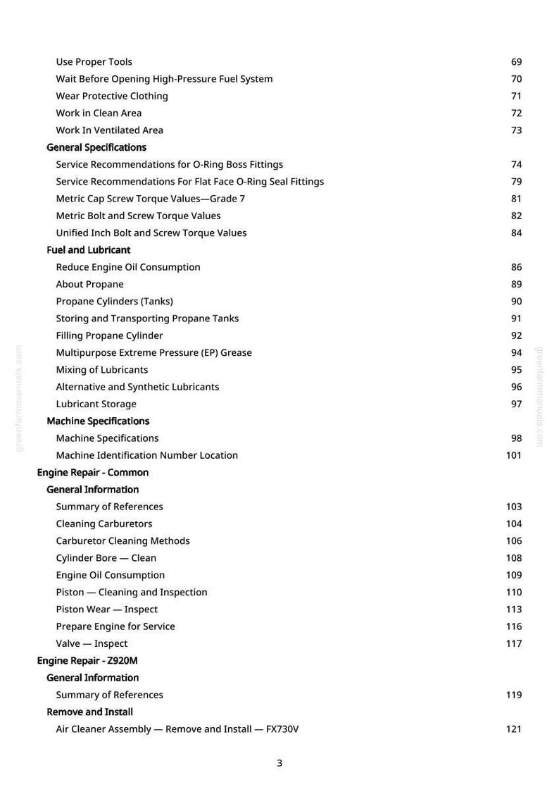May include: A page from a manual with a white background and black text. The table of contents includes sections on engine repair, fuel, and lubricants. Page numbers are listed on the right side. The text includes "Air Cleaner Assembly - Remove and Install - FX730V."