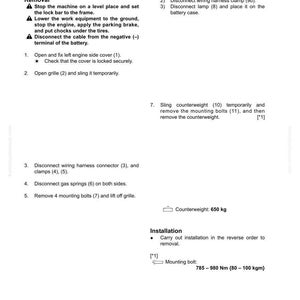 Może przedstawiać: Strona z instrukcji, szczeg&oacute;łowo opisująca demontaż i montaż przeciwwagi. Tekst zawiera ponumerowane kroki, ostrzeżenia dotyczące bezpieczeństwa i schemat. Przeciwwaga waży 650 kg.