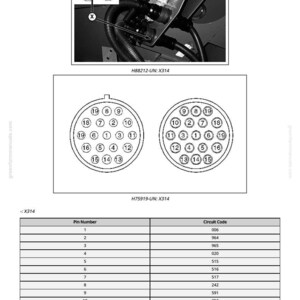 May include: Diagram of a machine's electrical components, including wiring and connector pin configurations. The image includes a table with pin numbers and circuit codes, along with a diagram of the connector.