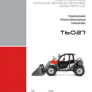 Pu&ograve; includere: Copertina del catalogo ricambi Weidemann per sollevatore telescopico. La copertina include il logo Weidemann, il nome del prodotto e il modello T6027. L'immagine mostra un sollevatore telescopico grigio e rosso con una benna.