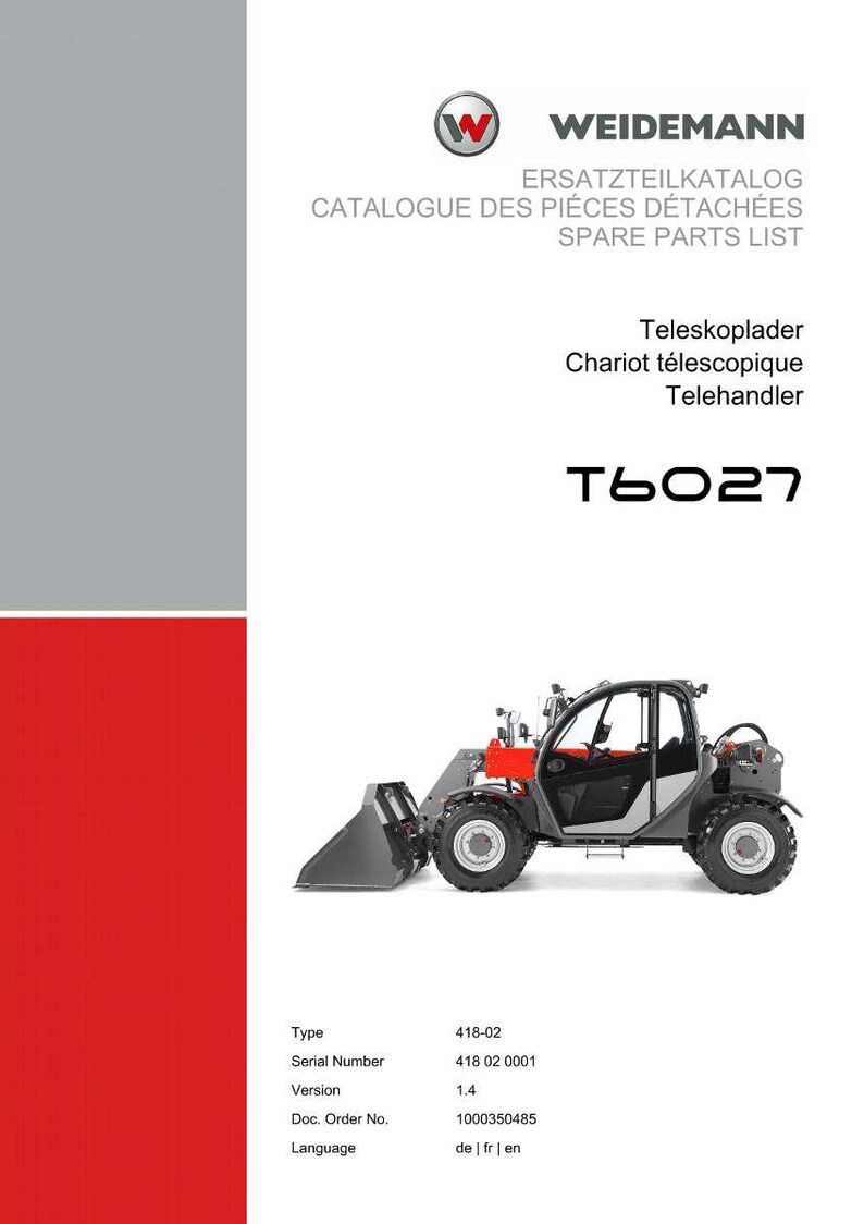 Pu&ograve; includere: Copertina del catalogo ricambi Weidemann per sollevatore telescopico. La copertina include il logo Weidemann, il nome del prodotto e il modello T6027. L'immagine mostra un sollevatore telescopico grigio e rosso con una benna.
