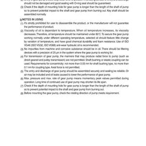 Puede incluir: Una p&aacute;gina blanca con texto negro que detalla los requisitos de montaje y las notas para una bomba de engranajes. El texto incluye instrucciones sobre la comprobaci&oacute;n de la direcci&oacute;n de rotaci&oacute;n, la limpieza y la viscosidad del aceite.