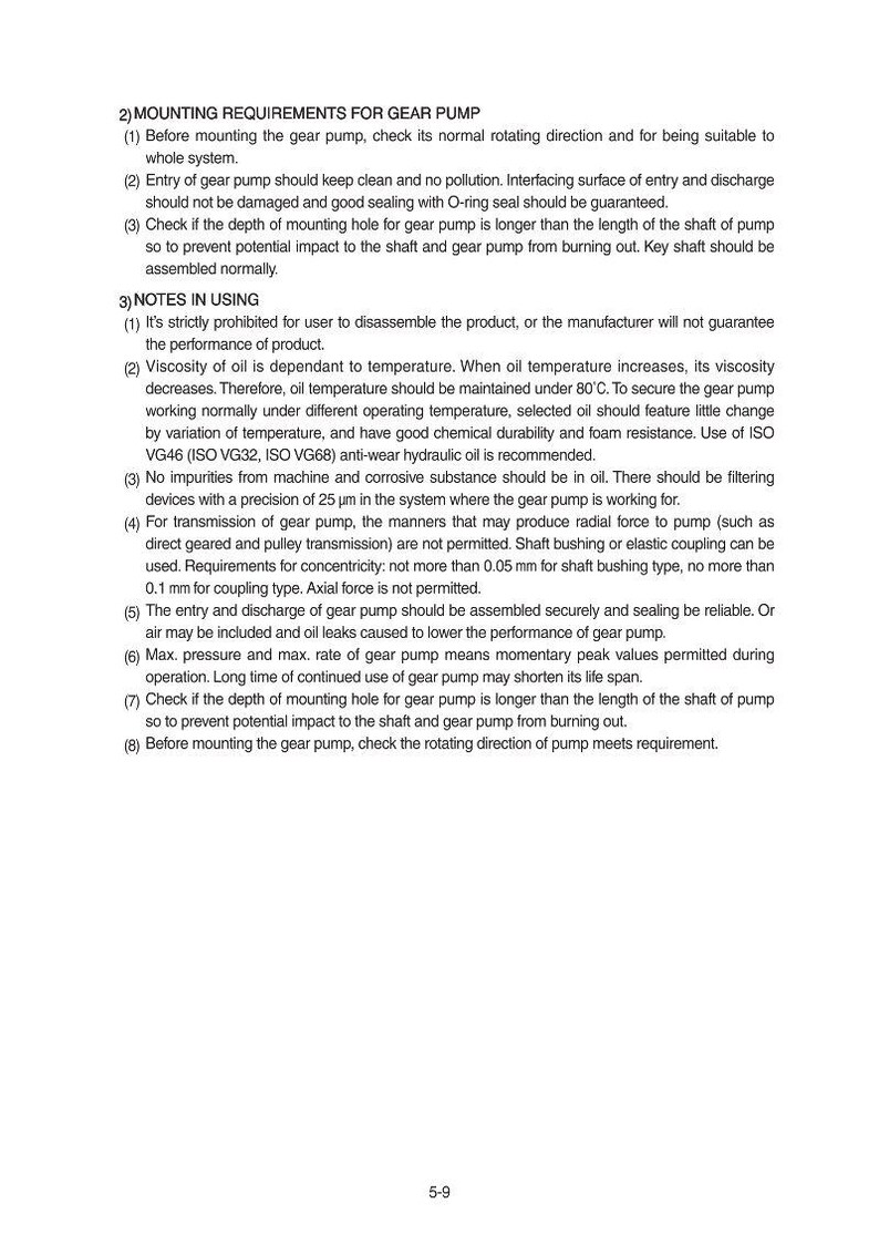 Puede incluir: Una p&aacute;gina blanca con texto negro que detalla los requisitos de montaje y las notas para una bomba de engranajes. El texto incluye instrucciones sobre la comprobaci&oacute;n de la direcci&oacute;n de rotaci&oacute;n, la limpieza y la viscosidad del aceite.