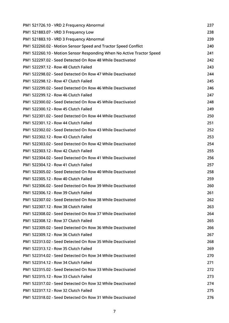 May include: A printed page with a list of error codes and descriptions, including "VRD 2 Frequency Abnormal" and "Motion Sensor Speed and Tractor Speed Conflict". The page also includes page numbers.